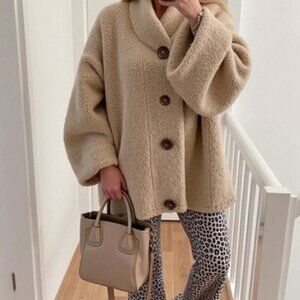 Khaki Casual Women's Elegant French Style Loose Apricot Faux Lamb Lapel Coat